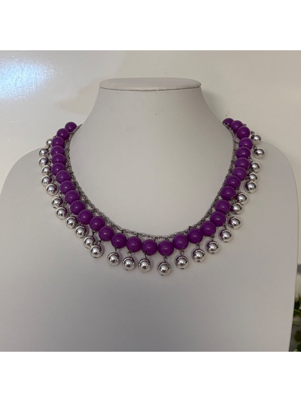 Purple Beaded Necklace Dangling Silver Tone Balls Retro Statement Chunky Jewelry
